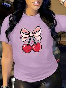 Oversized White T-Shirt With Cherries And The Phrase "Love You Cherry Much", Ideal For Casual And Date Outfits. Loose-Fitting Youth T-Shirt With A Cherry Design And Pink Bow, A Flirty Style To Pair With Jeans Or Leggings. Summer T-Shirt With A Cherry Graphic And Text, A Feminine And Flattering Style. - YH430-紫色 - 查看 1