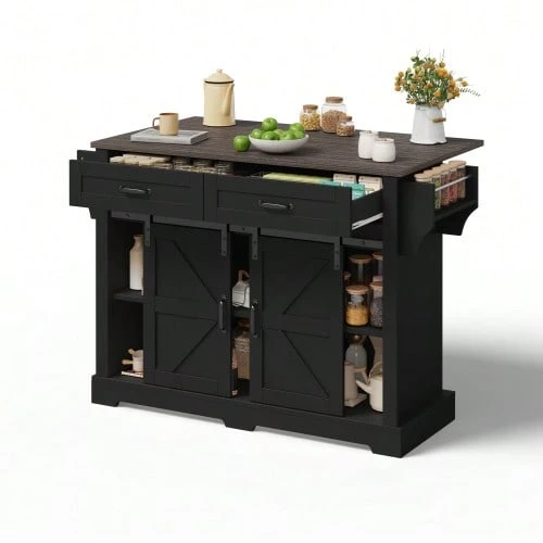 Kitchen Island With Fold-Down Worktop, Kitchen Trolley On Casters, Kitchen Unit With 2 Sliding Doors And 2 Drawers, Barn Style, White, Kitchen Storage Unit, 120 * 45 (70) * 91 Cm - 黑色 - 查看 1
