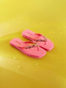 Trivaya Women Rhinestone Flat Heel Outdoor Holiday Beach Flip Flops TPR Anti-Skid Bottom Thong Sandals - Hot Pink - View 1
