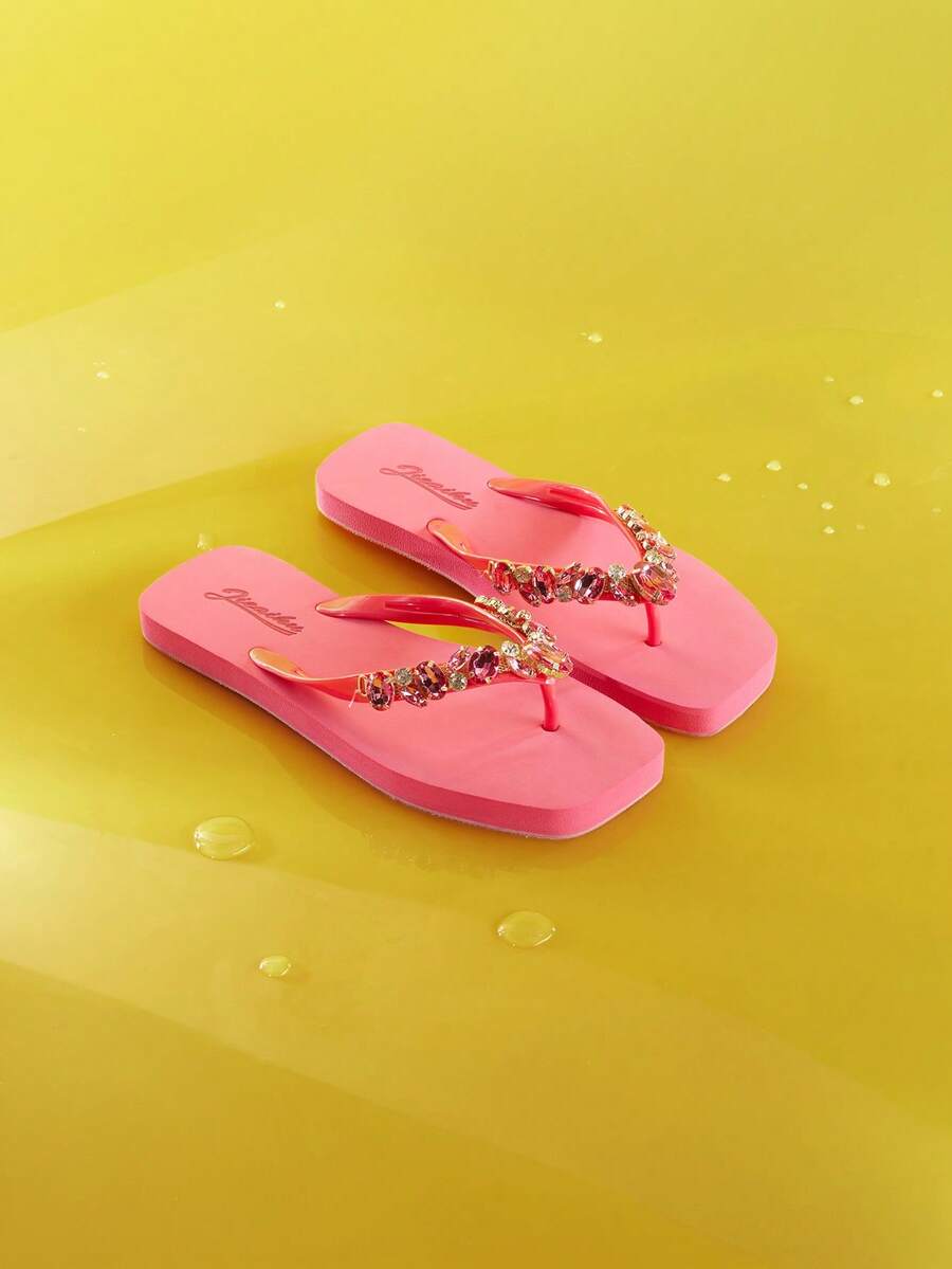 Trivaya Women Rhinestone Flat Heel Outdoor Holiday Beach Flip Flops TPR Anti-Skid Bottom Thong Sandals - Hot Pink - View 1