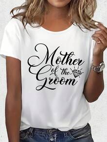 Vintage T-Shirts For Mothers Of The Bridesmaids - Casual Short-Sleeve T-Shirt In Black With Elegant White Letter Print, Medium Stretch, Machine Washable, Regular Fit, Crew Neck, Suitable For Weddings And Formal Events, Loose Fit T-Shirt For Wedding Guests. | Elegant Lettering, 100% Cotton - 白色 - 查看 1