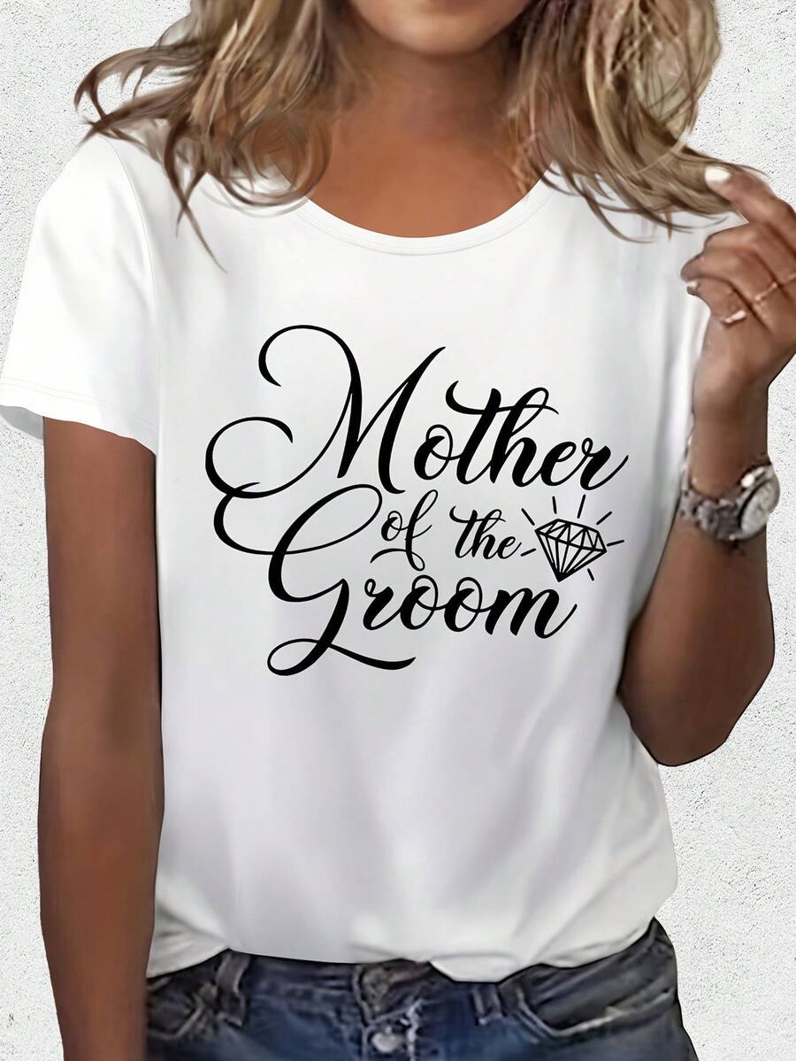 Vintage T-Shirts For Mothers Of The Bridesmaids - Casual Short-Sleeve T-Shirt In Black With Elegant White Letter Print, Medium Stretch, Machine Washable, Regular Fit, Crew Neck, Suitable For Weddings And Formal Events, Loose Fit T-Shirt For Wedding Guests. | Elegant Lettering, 100% Cotton - 白色 - 查看 1