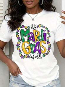 Women's T-Shirt With A Carnival Print. Ideal For Colorful Everyday Outings, Camping Trips, Concerts, And Hip-Hop, Rock, And Rap Events. White Crew Neck T-Shirt With Short Sleeves, Casual Style For Spring And Summer. Machine Washable, Breathable Fabric, Fitted Cut, Stretchy Style, Suitable For Casual Daytime Wear. - 白色 - 查看 7