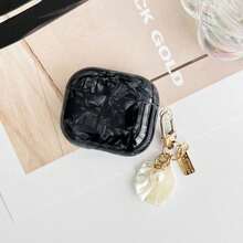 1pc Black Shell Texture Earphone Case With Small Pearl Hanging Chain, Compatible With 4/Pro/Pro3/Pro 2nd, With Protective Cover - Black - View 2
