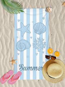 1 pieza Toalla de playa de microfibra de verano con patrón de concha a rayas azul, ultra suave, decoración del hogar, adecuada para la playa, piscina, camping y viajes, extremadamente cómoda - B - Ver 2