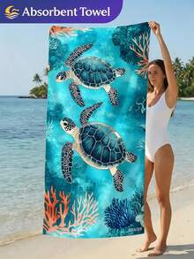 1pc Coral Turtle Print Beach Towel, Swimming Towel, Fashionable Beach Towel, Made Of Soft And Comfortable Microfiber Material With Super Absorbency, Lightweight And Portable, Windproof, UV-Resistant, Anti-Sand, Suitable For Summer Travel And Vacation, Also Can Be Used For Bathroom Decor - Coral Turtle - View 1