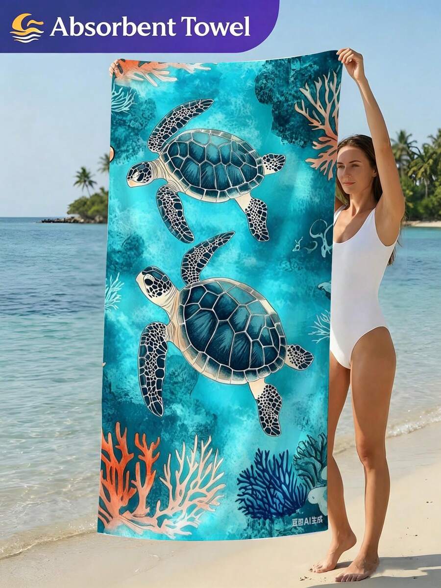 1pc Coral Turtle Print Beach Towel, Swimming Towel, Fashionable Beach Towel, Made Of Soft And Comfortable Microfiber Material With Super Absorbency, Lightweight And Portable, Windproof, UV-Resistant, Anti-Sand, Suitable For Summer Travel And Vacation, Also Can Be Used For Bathroom Decor - Coral Turtle - View 1
