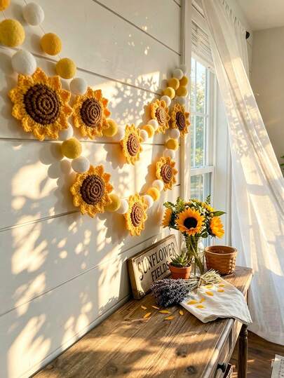 1pc Handmade Sunflower Wreath Wall Decor, Yellow & White Fluffy Flower Garland, Boho Farmhouse Style Decoration For Living Room, Bedroom, Window, Fireplace, Wedding, Baby Shower, Birthday Party, Spring & Summer Home Decor