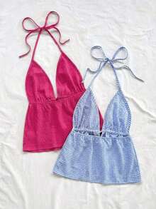 2 piezas Camiseta sin espalda con escote en V y tirantes con estampado de leopardo sexy, adecuada para vacaciones, citas, té de la tarde, vacaciones, festivales de música, estilo bohemio - Rosa Fucsia - Ver 2