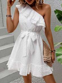Holidaya One Shoulder Ruffle Trim Belted Dress Vacation Beach Outfits Women - White - View 1