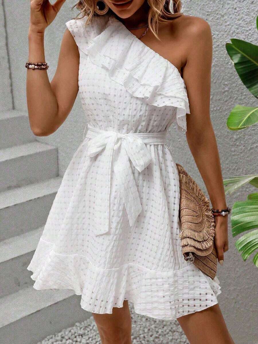 Holidaya One Shoulder Ruffle Trim Belted Dress Vacation Beach Outfits Women - White - View 1
