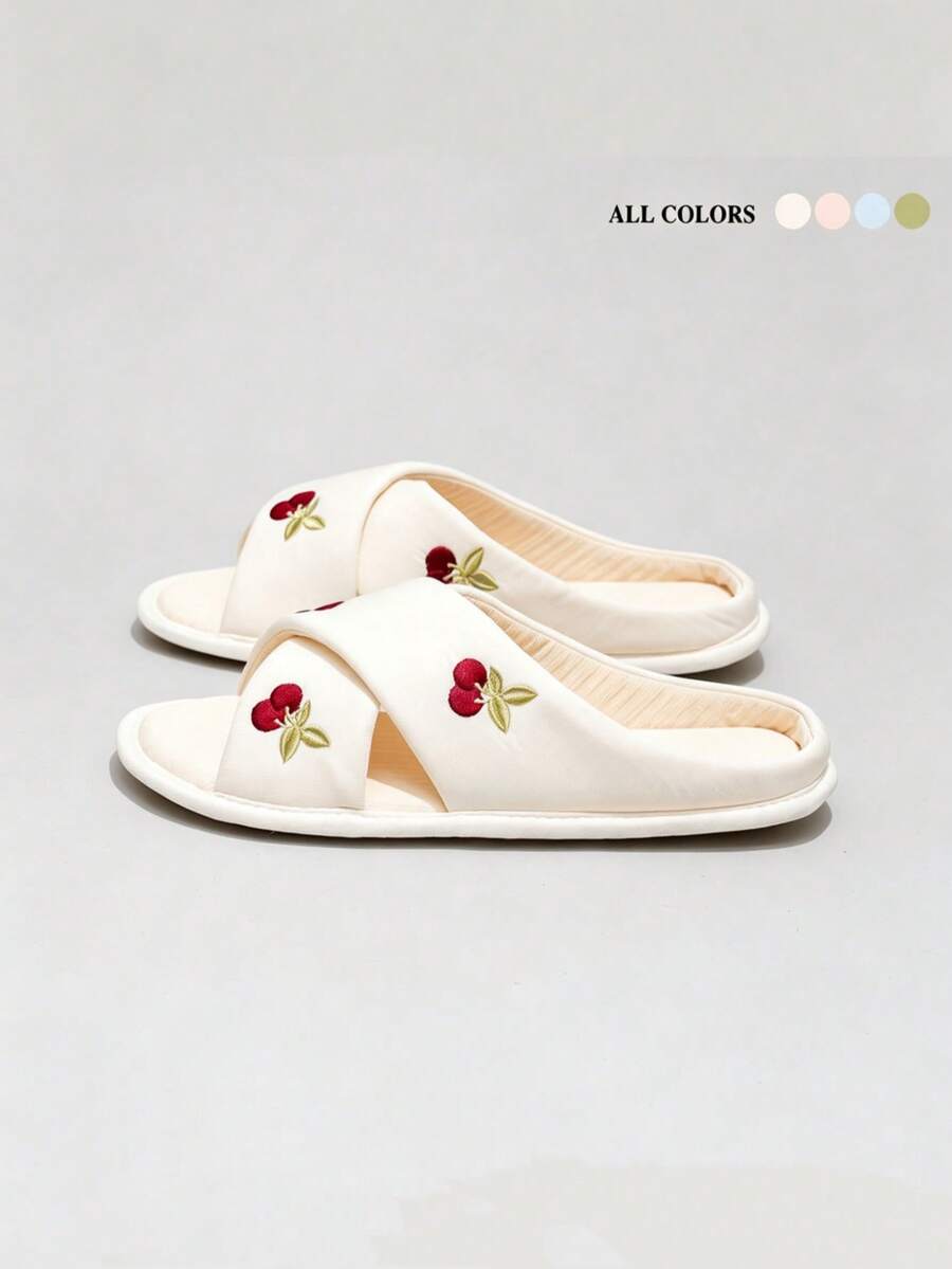 1 Pair Soft & Healing Cherry Embroidery Cross Linen Slippers, Milky White Base With Delicate Cherry Embroidery, Gentle And Youthful, Comfortable Choice For Spring/Summer Home, Bedroom Or Living Room, Girly, Home Essential, Soft Girl Must-Have - Cherry Slippers - View 1