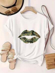 Women's Vintage Style Short Sleeve Casual T-Shirt - Camouflage Lip Print On White T-Shirt, Round Neck, Summer Top, Machine Washable, Ladies' T-Shirts, Casual Wear, Modern Look, Comfortable Fit

-WhiteFashion - 白色 - 查看 2