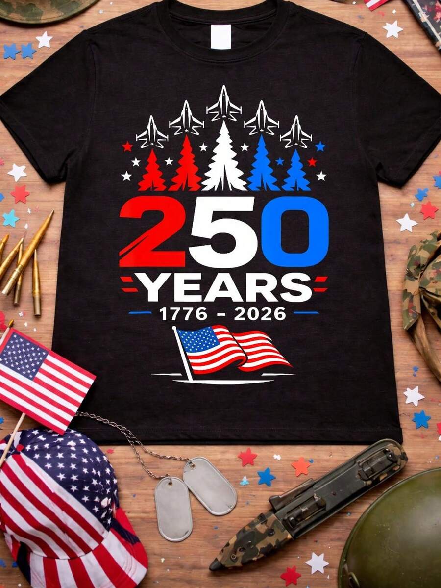 Camiseta de avión de combate americano de 250 años, camiseta patriótica 17762026, aniversario del 250 aniversario de EE. UU., bandera americana y pinos. Camiseta unisex de algodón puro de 220 g, peso ideal para todas las estaciones, adecuada tanto para hombres como para mujeres. Tejido duradero de alta calidad, suave al tacto y de larga duración. Top transpirable. Adecuado para la primavera y el verano de las mujeres, vacaciones, Día de la Madre, Día de la Independencia. - Negro - Ver 1