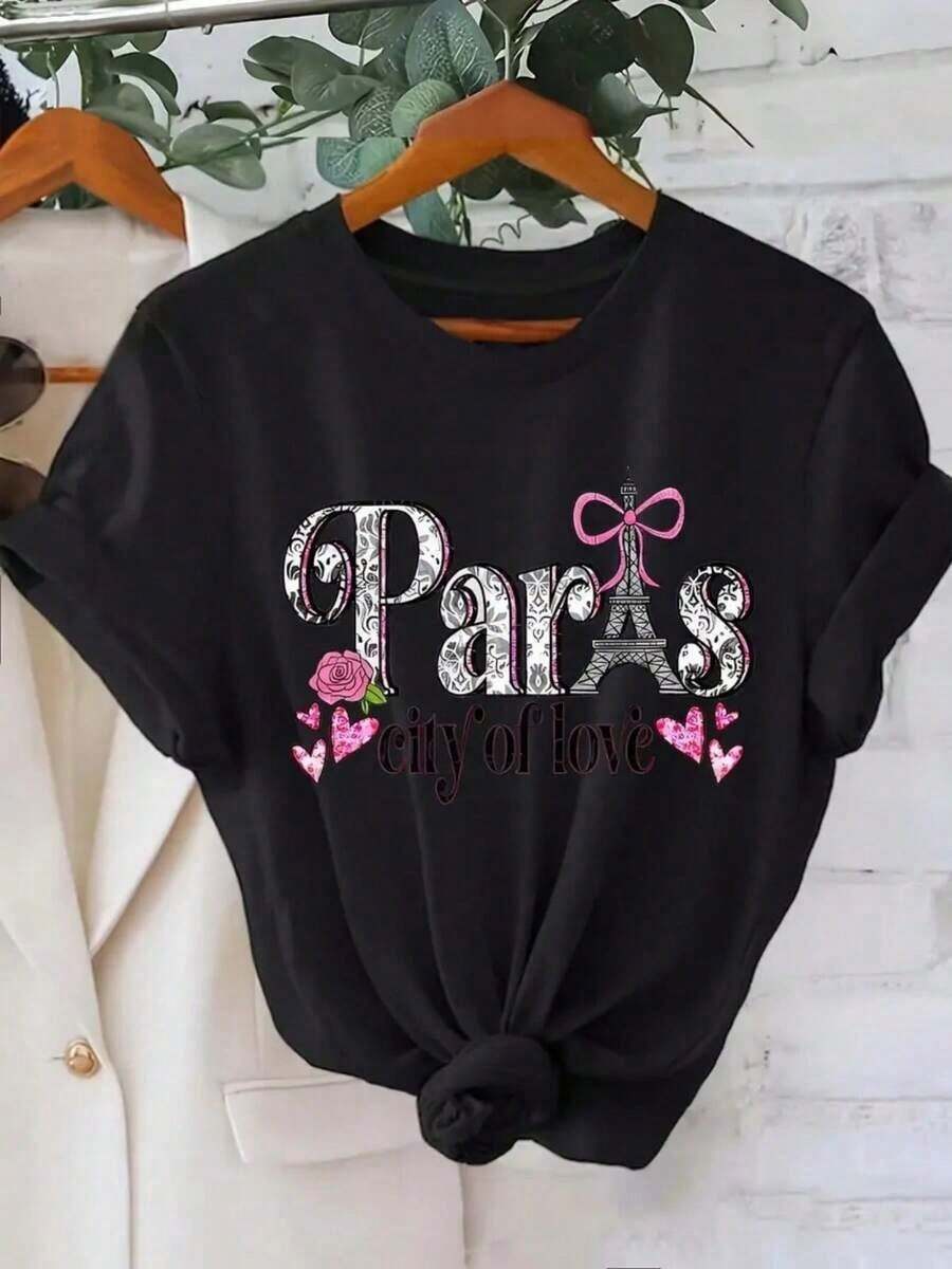 Camisetas Básicas de Tallas Grandes para Mujer - Camisetas Casuales de Manga Corta, Prendas Esenciales Ligeras para el Guardarropa de Verano, Camiseta Estampada con Cuello Redondo y Manga Corta, Top Casual de Moda para Primavera y Verano, Transpirable y Cómoda. - Negro - Ver 1