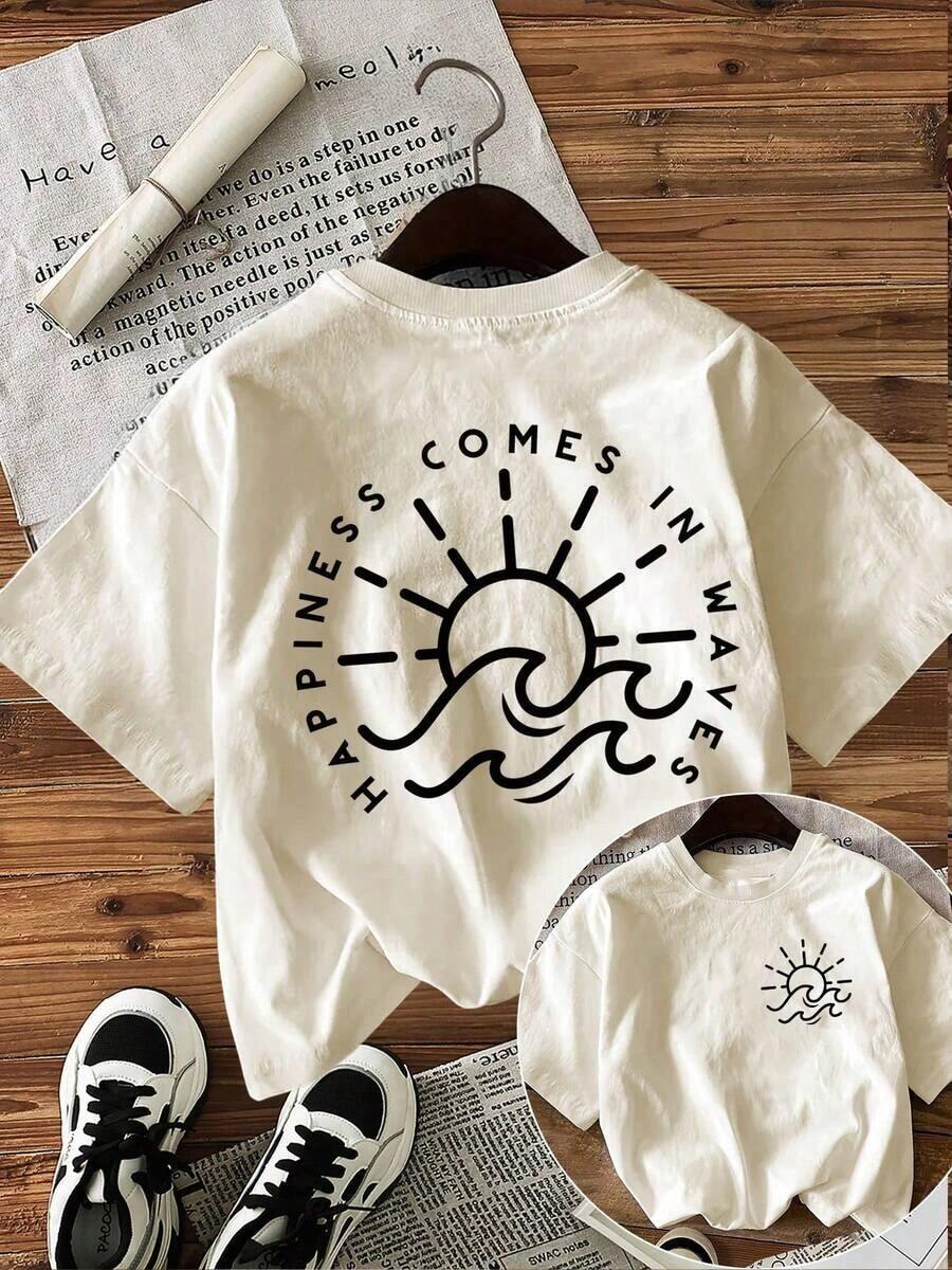 Vintage One-Piece T-Shirt [Double-Sided Print] Minimalist Style Sunwave HAPPINESS COMES IN WAVES, Short-Sleeve Crew Neck Printed T-Shirt, 180g, 100% Cotton, Short-Sleeve Crew Neck Printed T-Shirt, Women's T-Shirt, Very Suitable For Daily Wear, Fashion - 杏色 - 查看 1