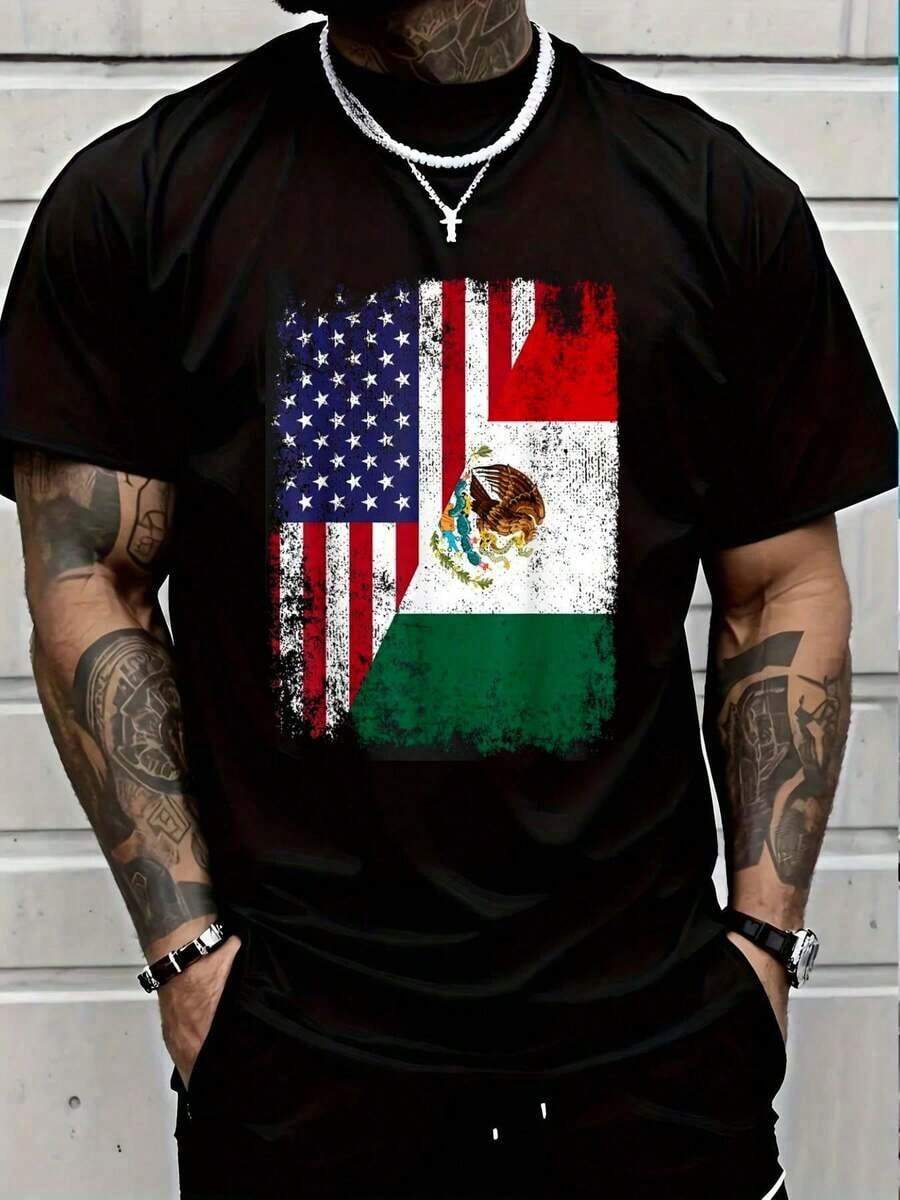 T-Shirt With Graphic Of Half American And Mexican Flags, American And Mexican Roots, 100% Cotton, For Women And Men, Casual, Fashion Top - 黑色 - 查看 1