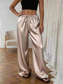 1pc Solid Color Drawstring Pocket Satin Pants, Comfortable For Home Wear, All Season Spring - Khaki - View 4