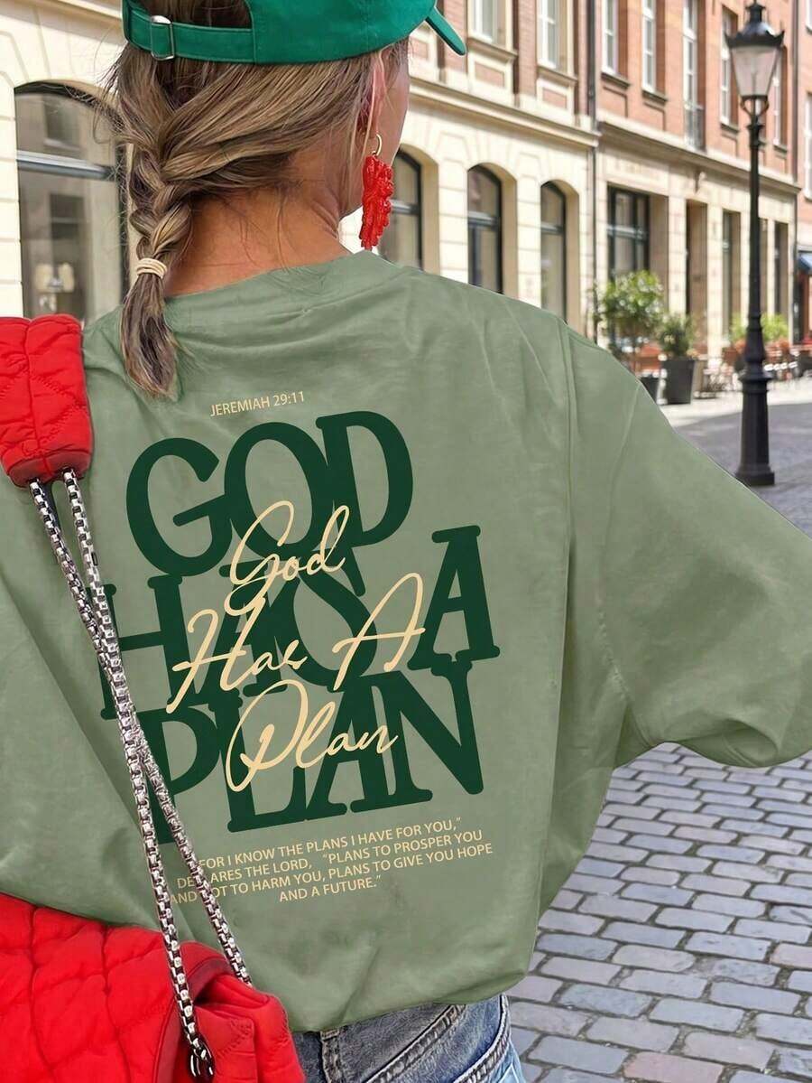 Camiseta de manga corta con cuello redondo, suelta y versátil, con estampado gráfico de letras, ideal para el verano y uso diario de moda - Verde hierba - Ver 1