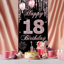 1 pièce Bannière d'anniversaire de 18 ans "Happy 18th Birthday" noire et or rose étincelante avec diamants, en matériau polyester, avec rideau de perles, éléments de gâteau et de feux d'artifice, convient pour les cérémonies de style luxe léger pour adultes, décorations de fête d'anniversaire, décors de fond photographique, décorations de cour, décorations de fête, etc. - A - Voir 7