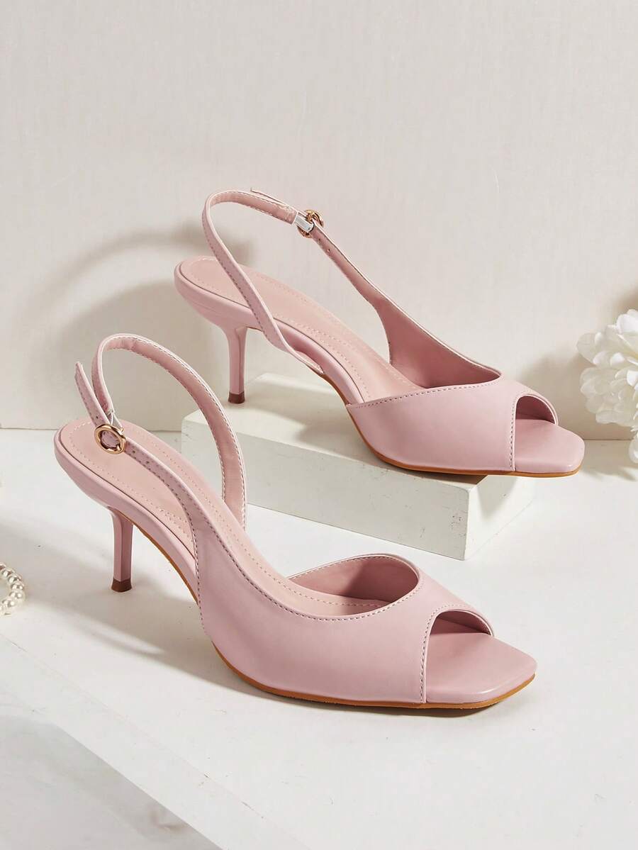 Minimalist Square Toe Open Toe Open Heel Strap Stiletto High Heel Sandals, Suitable For Office,Summer Shoes - Pink - View 1