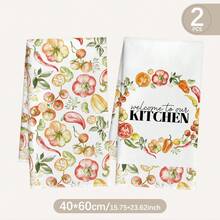 2pcs Watercolor Vegetable & Fruit Illustration, Chili Pepper, Tomato, "Welcome To Our Kitchen" Printed Kitchen Towels, Dish Towels, Hand Towels, Dish Cloths, 15.75*23.62in(40*60cm), Polyester Microfiber Material, Modern Soft Absorbent Cloths, Kitchen Accessories, Machine Washable, Suitable For Dining Room, Kitchen, Bathroom, Home Decor, Gifts, All Seasons - Multicolor - View 2