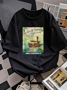 Graphic Inspired By An Adventurous River Journey Through The Jungle, Featuring A Classic Boat And Tropical Leaves That Evoke Exploration And Nature. Comfortable And Lightweight Women's T-Shirt, Ideal For Everyday Wear. - 黑色 - 查看 2
