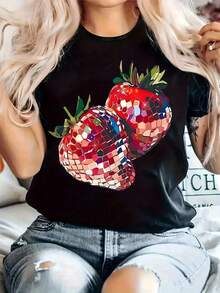 Camiseta de manga corta estampada de verano informal para mujer, talla grande, cuello redondo, manga corta, tela ligeramente elástica, estilo regular, top cómodo para todas las estaciones, ropa de mujer, camiseta de manga corta talla grande adecuada para el Día de San Valentín, Pascua y entusiastas del fútbol - Camiseta vintage de estilo callejero unisex, holgada, de algodón, de manga corta y cuello redondo, blusas para mujer. blusas.blusas casuales para dama. - Negro - Ver 1