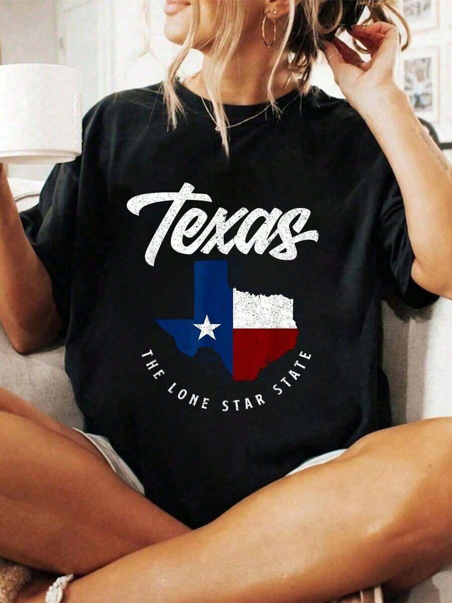 Camiseta de Verano 100% Algodón con Mapa de Texas - El Estado Solitario - Para Hombre y Mujer, Suave y Transpirable, Estilo Clásico, Camisetas de Verano a la Moda. Camiseta de Manga Corta para Mujer, Estilo Básico para Uso Interior y Exterior. - Negro - Ver 1