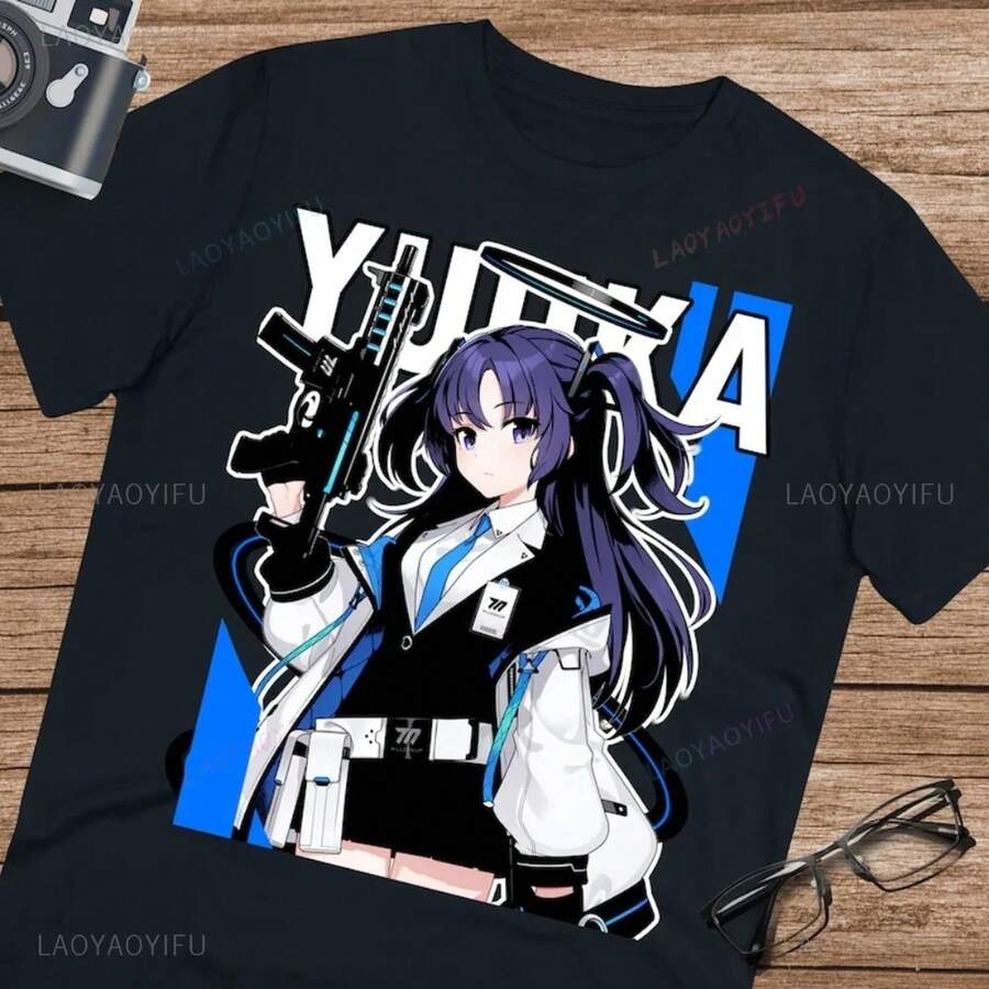 Camiseta Kawaii Cartoon Yuuka Blue Arch Hot Game, estilo casual, holgada, de verano, estilo Y2K Streetwear, para cosplay otaku. Camiseta de manga corta de algodón puro de 220 g para hombre y mujer, tejido grueso, resistente a las arrugas y que no se deforma fácilmente. Estilo sencillo y versátil, ligero y transpirable, perfecto para ir al trabajo, viajar, acampar, ir de compras y para el tiempo libre diario. - Negro - Ver 1