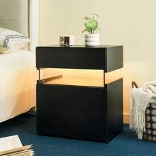 Modern Bedside Table / Wooden Bedside Table / Bedside Table With 3 Drawers / Easy To Assemble, Plenty Of Storage Space / For Bedroom, Living Room, Bedside Furniture - 黑色 - 查看 5