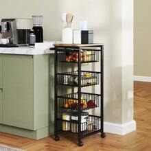 Kitchen/Serving Trolley With Worktop, 4 Extendable Steel Baskets, Rolling Office Trolley, 49.5 X 31 X 91 Cm, Oak - Black - View 2