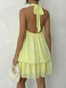 Vestido corto de maternidad sin mangas con volantes y capas en amarillo claro, ligero y fluido, adecuado para ducha de maternidad, fiesta y uso diario - Amarillo - Ver 2