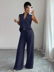 Set de 2 piezas de top sin mangas de cuello en V y pantalones rectos con decoración de cinturón holgado, de estilo casual y versátil para mujer, para primavera/verano - Azul marino - Ver 7