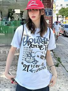 Women's Y2K Inspired Graphic Tee - Casual Short Sleeve Loose Fit Crew Neck With Bold "" And "27" Print, White Summer Blouse For Casual Outfits, Women's Tees - 白色 - 查看 2
