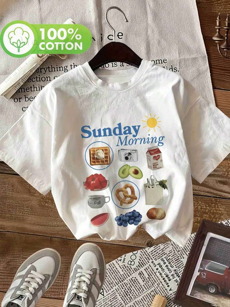 Camiseta de manga corta con cuello redondo para mujer, estilo vintage, con estampado de cámara, 100% algodón, para primavera/verano. - Blanco - Ver 1
