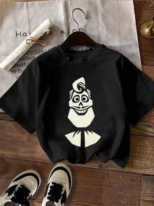 Gráfico de calavera con sonrisa amplia y peinado divertido que simboliza la energía positiva y el espíritu libre en la vida diaria camiseta de mujer  cómoda y moderna para uso casual - Negro - Ver 2