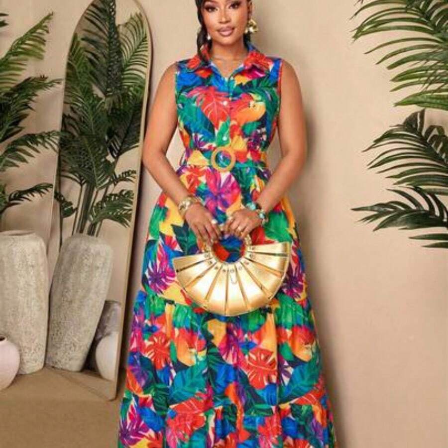 Plus Size Women's Spring/Summer Sleeveless Shirt Dress - Front Button Design With Pleated Maxi Dress, Casual Office Wear; Tropical Print Sleeveless Elastic Waist Dress - Summer Beach Holiday Outfit Elegant - Multicolor - Ver 1