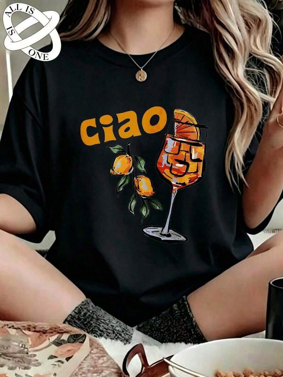 ALL IS ONE 100% Pure Cotton Women's T-Shirt With "Ciao" Orange And Cocktail Print, Premium Quality, Breathable And Soft To The Touch - 黑色 - 查看 1