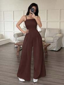 de pierna ancha holgado con pliegues plegados de unicolor para uso casual y diario de verano para mujeres - Marrón - Ver 3