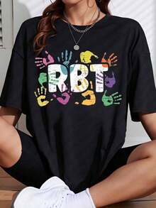 Camiseta Oversize con Estampado de Manos Coloridas para Mujer, Top Casual de Verano, Camiseta Gráfica de Moda Urbana Unisex con Diseño de Manos de Arcoíris, Perfecta para Eventos de Orgullo - Negro - Ver 1