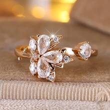 Vanel 1 pièce Bague ouverte élégante en forme de papillon sertie de CZ, bijou romantique et à la mode pour un port quotidien - jaune d'or-blanc - Voir 3