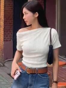 Camiseta blanca de manga corta ajustada con cuello asimétrico de unicolor para mujer, verano - Blanco 2 - Ver 6