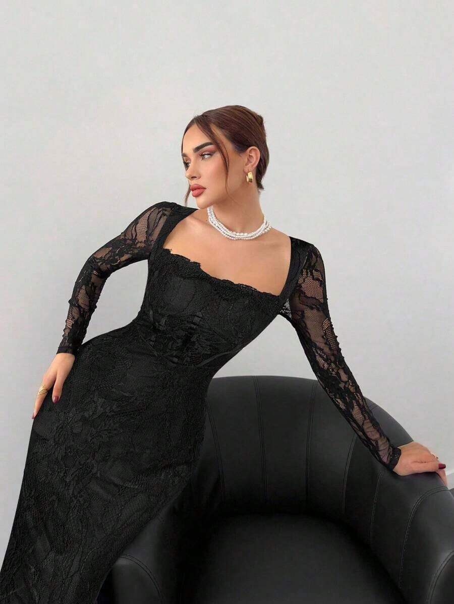 Vestido negro ajustado hasta el suelo con cuello corsé ahuecado y mangas largas con encaje en forma de S sexy para mujer para fiestas, citas y banquetes de otoño/invierno nuevo - Negro 2 - Ver 1