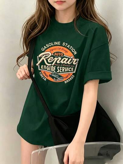 1枚 ガールズ オーバーサイズ ヴィンテージガソリンスタンド 車 レタープリント 半袖Tシャツ、ルーズ 通気性 ラウンドネック トップス、カジュアル シック ストリートスタイル ティーンズ、デイリー、学校、アウトドアに適しています