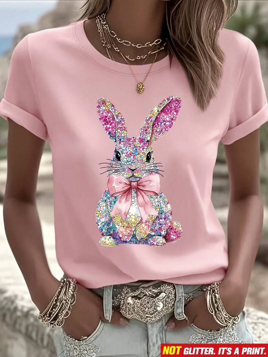 Camiseta manga corta cuello redondo 100% algodón, estampado trendy, tejido ligero y ventilado, estilo moda casual, apta para vida diaria, salidas informales y citas en primavera, verano y otoño - rosa - Ver 1
