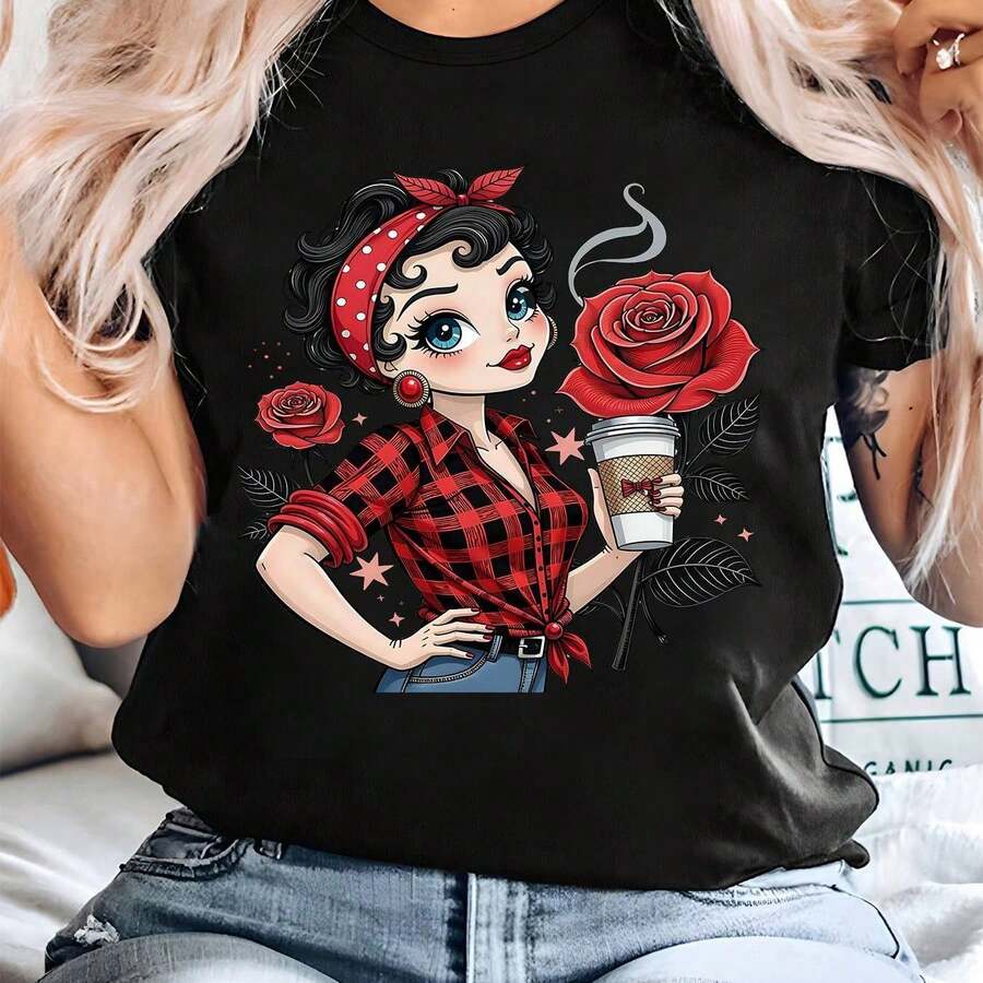 Camiseta Mujer Cuello Redondo Manga Corta Candy Candy Anime Retro Casual - Negro - Ver 1