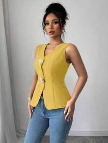 Blusa exterior con cuello en V ajustada con decoración de botones dorados con rosas - Amarillo - Ver 6