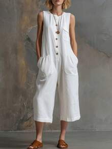 New Spring-Summer Jumpsuit For Women, Retro Casual Style, Sleeveless, White, Linen And Cotton, 3/4 Wide Leg, Flattering Design, Perfect For Daytime Looks, Walks And Holidays - 白色 - 查看 7