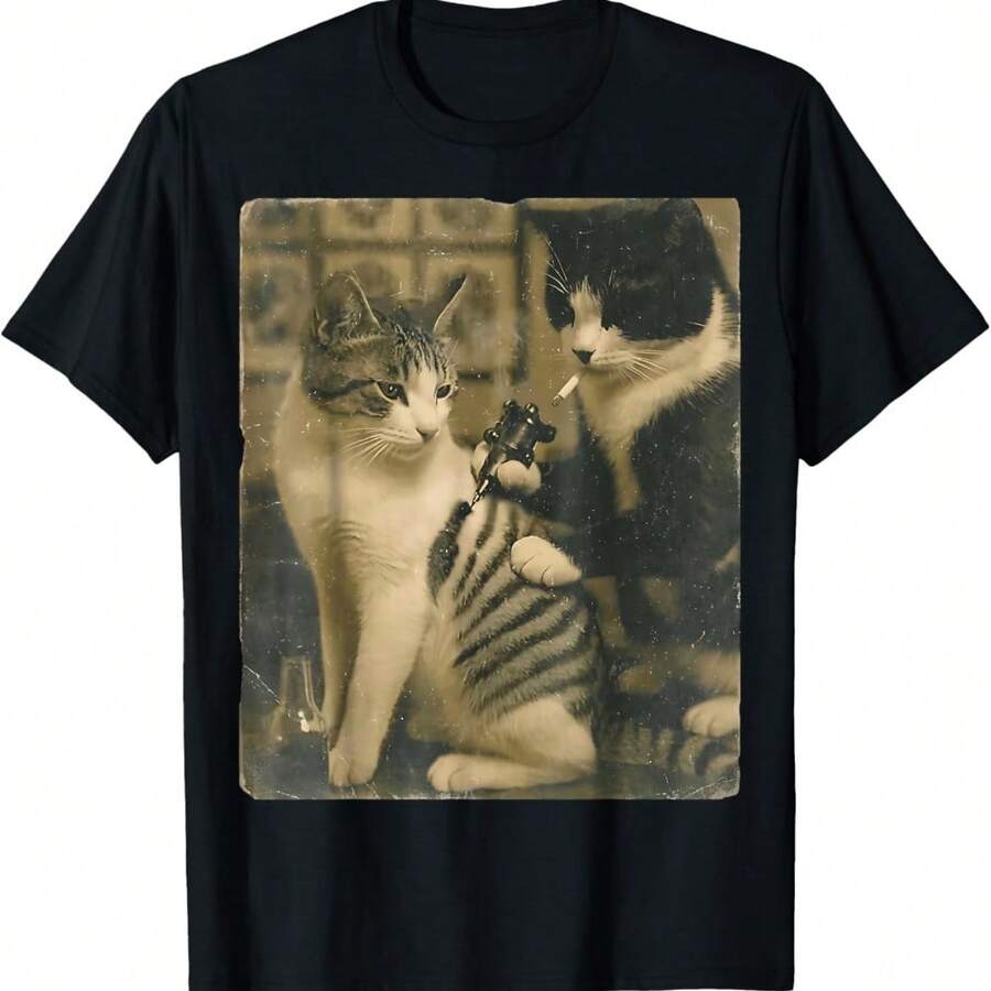Vintage Cats Tattoo Inked Cat Artist Funny Meme T-Shirt - Black - View 1